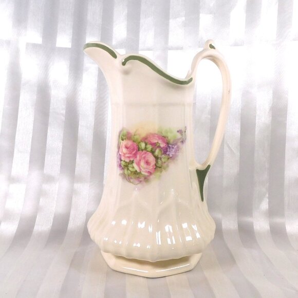 White Floral Pitcher with Green Trim by Sueramics # 26158 - Picture 1 of 8